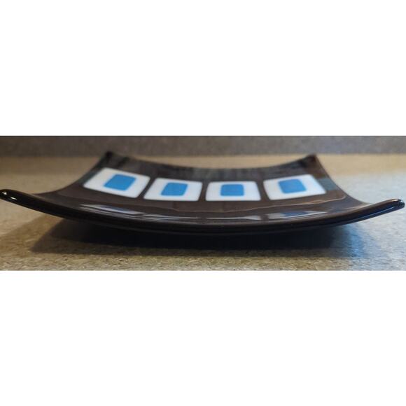 Mid Century Fused Art Glass Curved Plate Blue White Square Signed 8.5 x 8.5 x1.5 - Picture 1 of 5